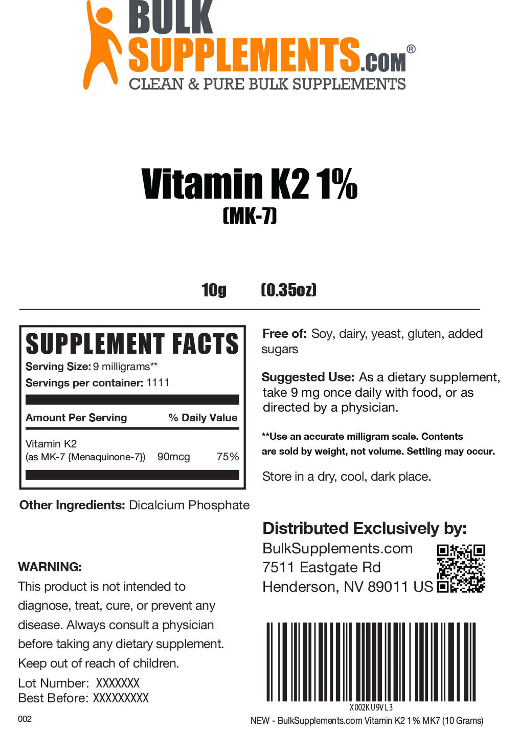 Vitamin K2 MK-7 powder label 10g