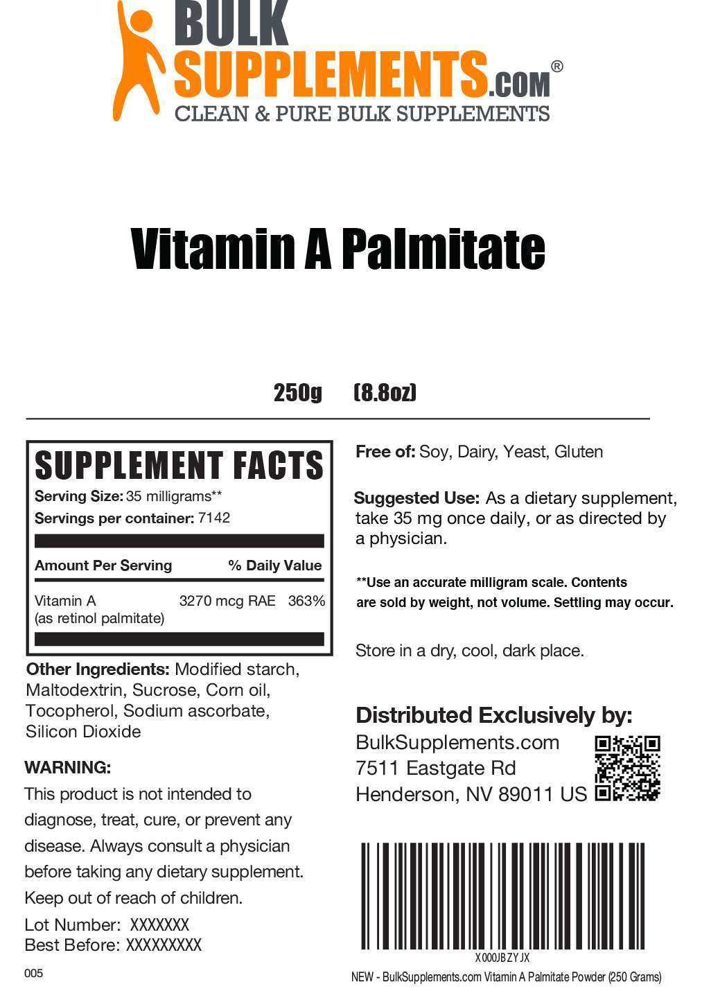 Vitamin A Palmitate powder label 250g
