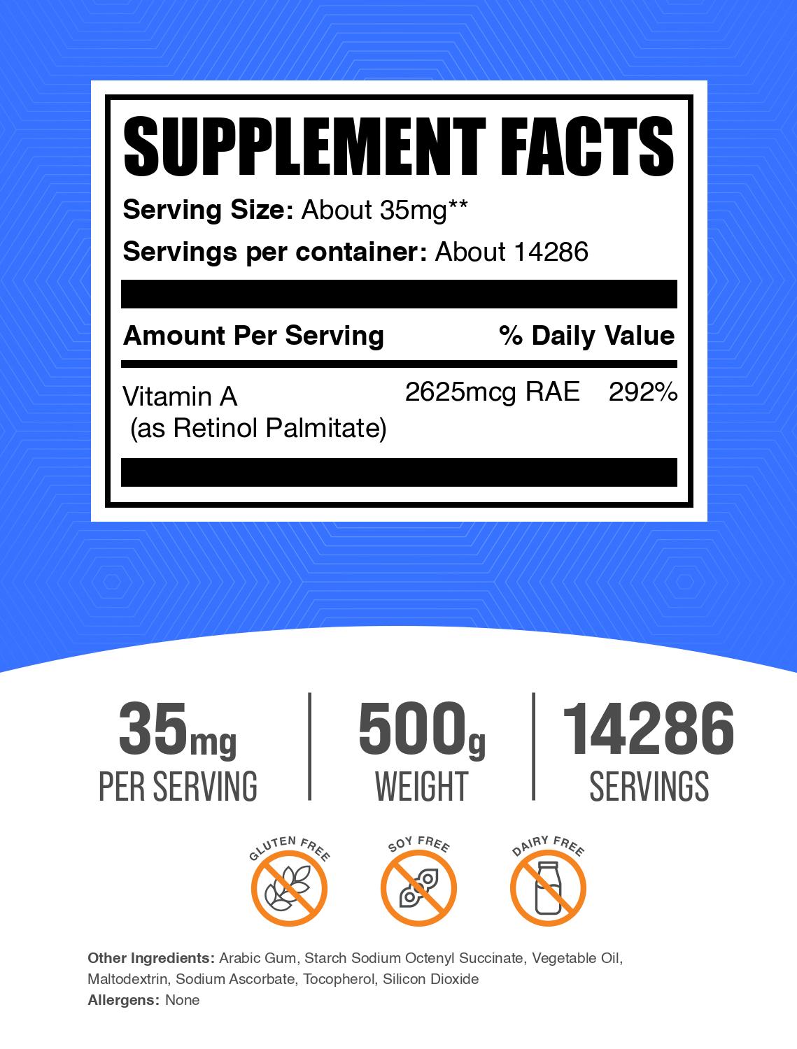 Vitamin A palmitate powder label 500g