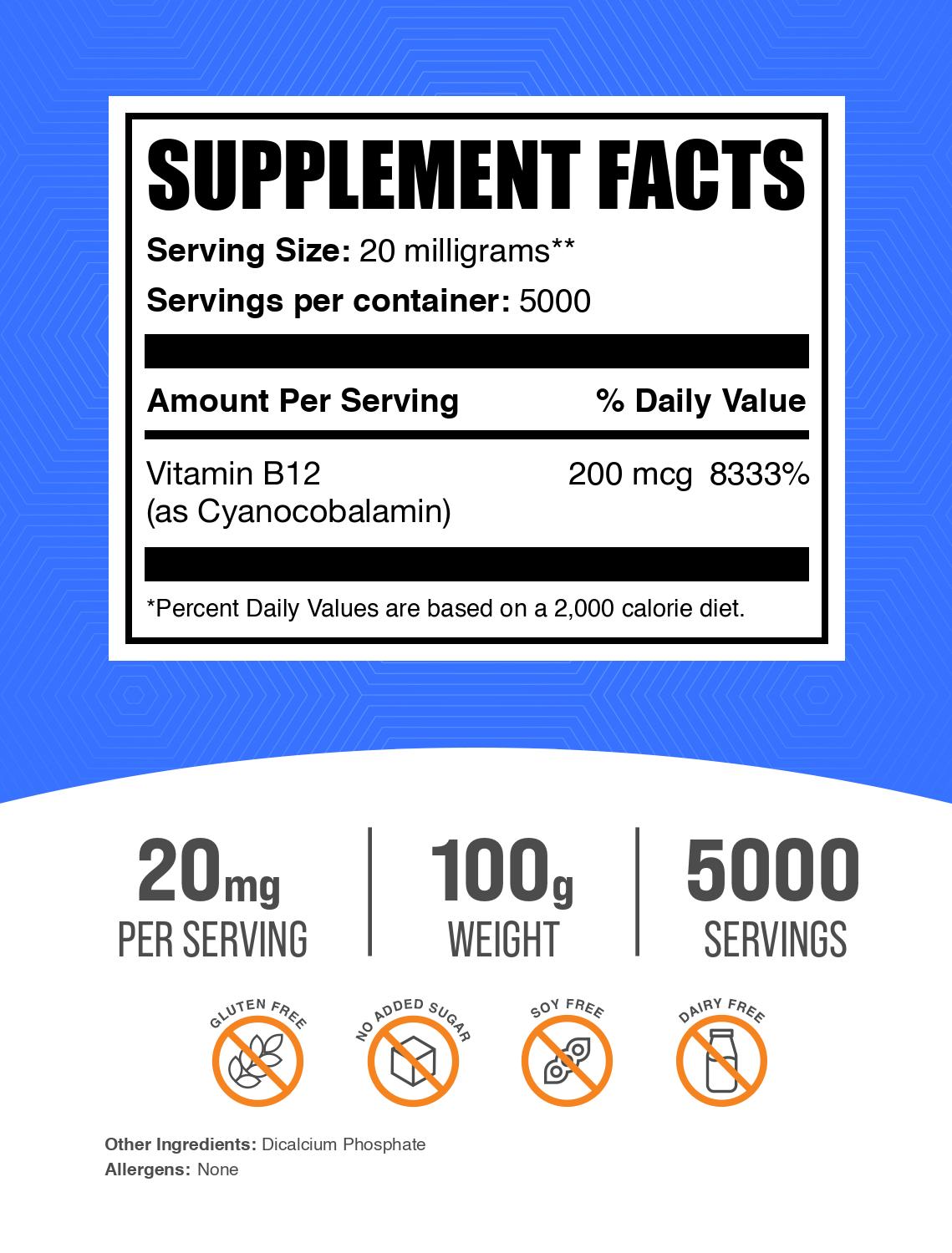 Vitamin B12 1% (Cyanocobalamin) powder label 100g