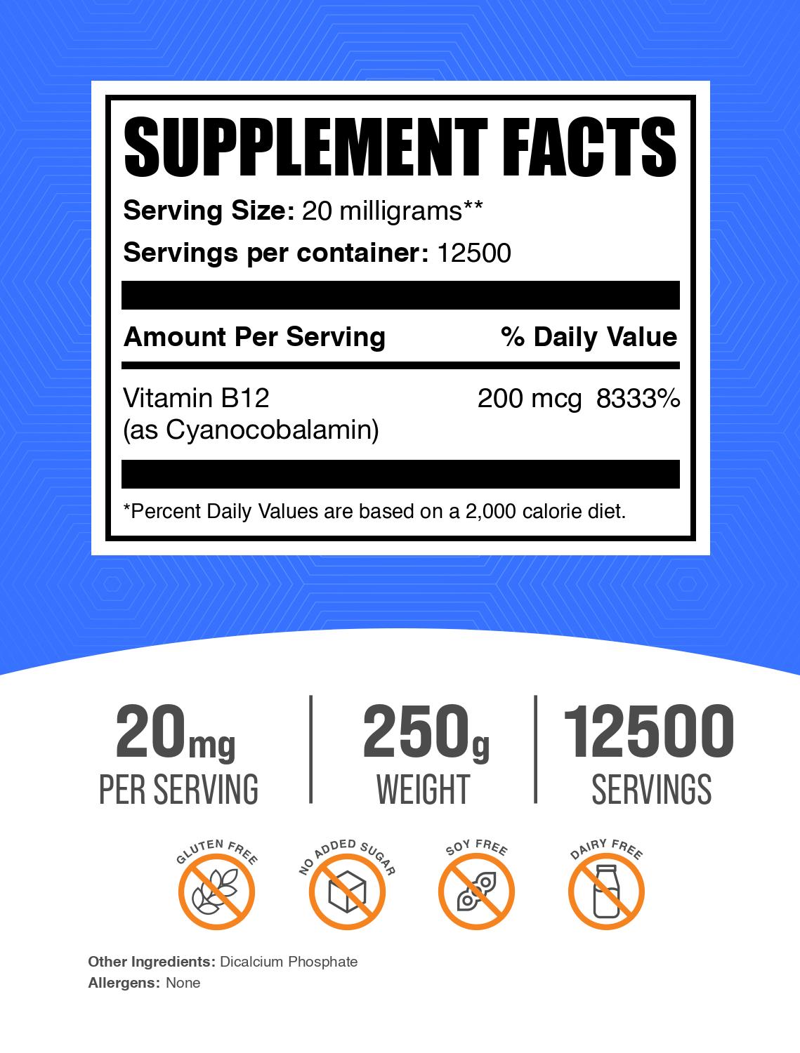 Vitamin B12 1% (Cyanocobalamin) powder label 250g