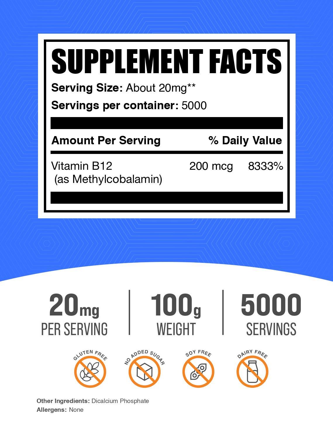 Vitamin B12 1% Methylcobalamin powder label 100g