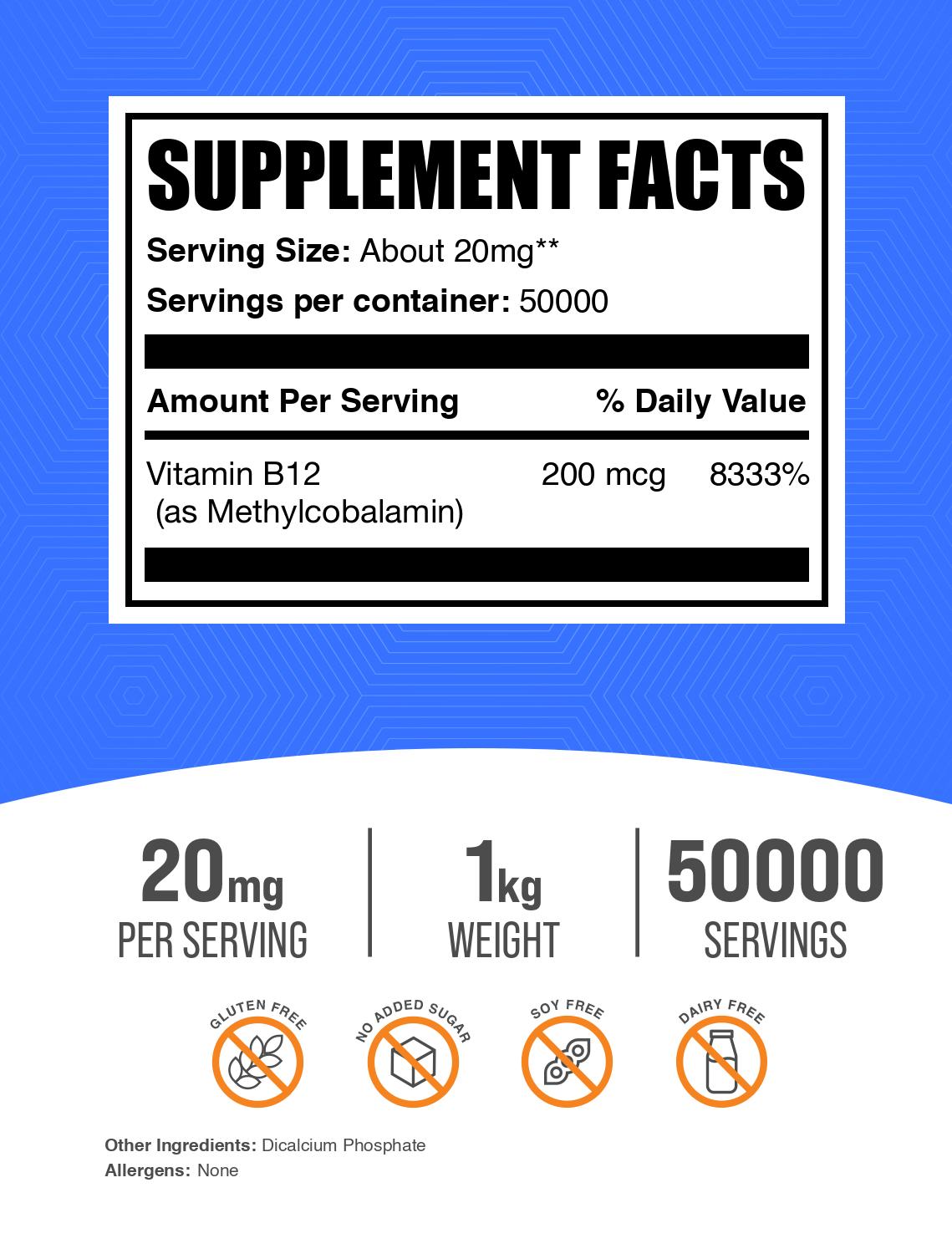 Vitamin B12 1% Methylcobalamin powder label 1kg