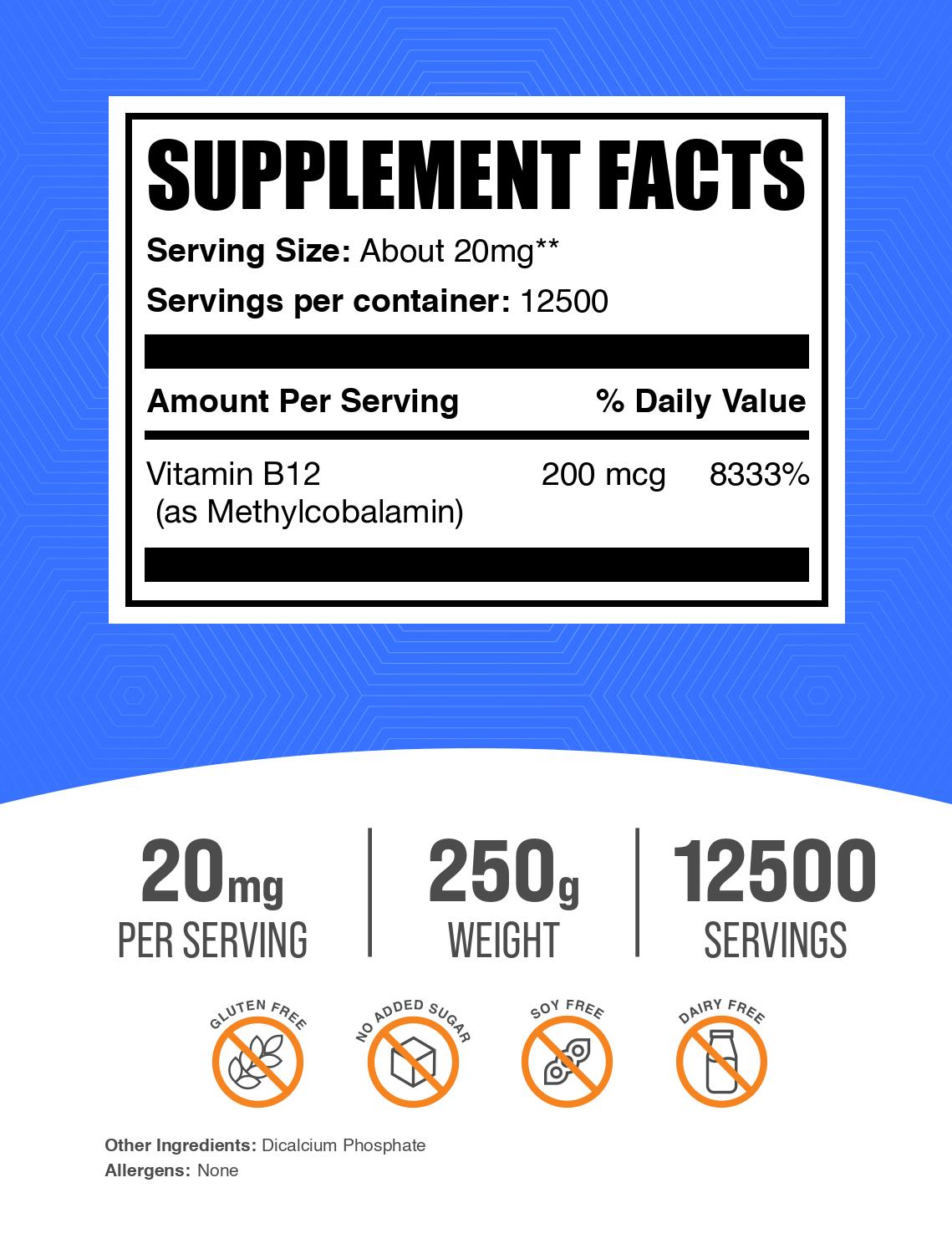 Vitamin B12 1% Methylcobalamin powder label 250g