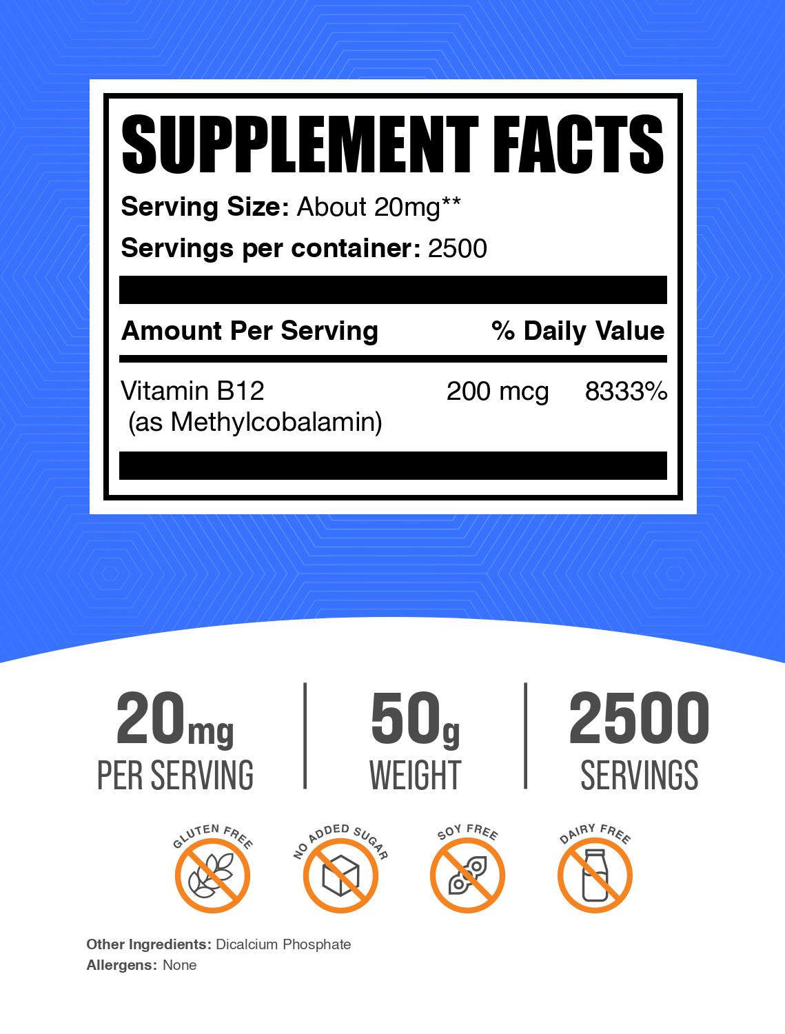 Vitamin B12 1% Methylcobalamin powder label 50g