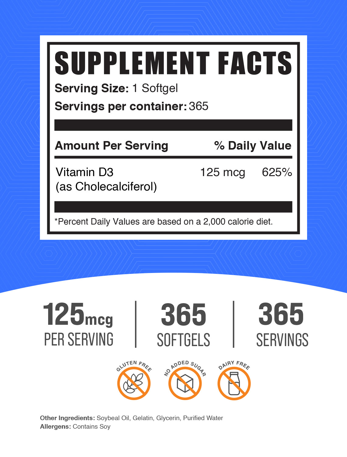 Vitamin D3 5000 IU Softgels 365 ct label