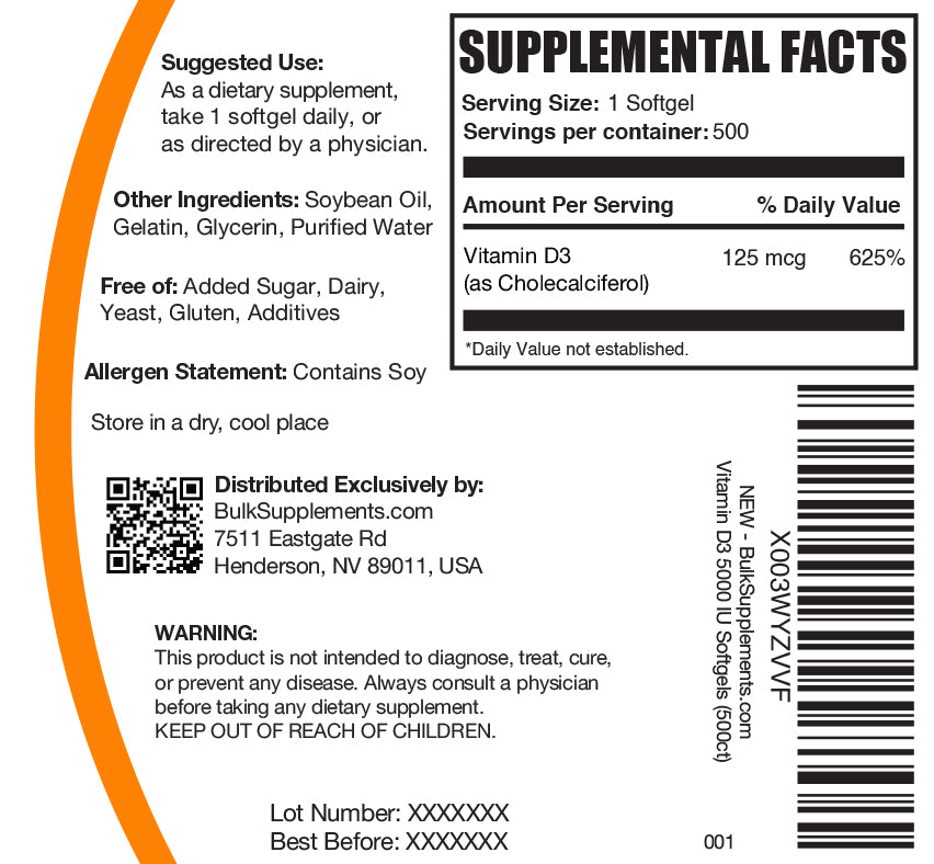 Vitamin D3 softgels 500 ct label