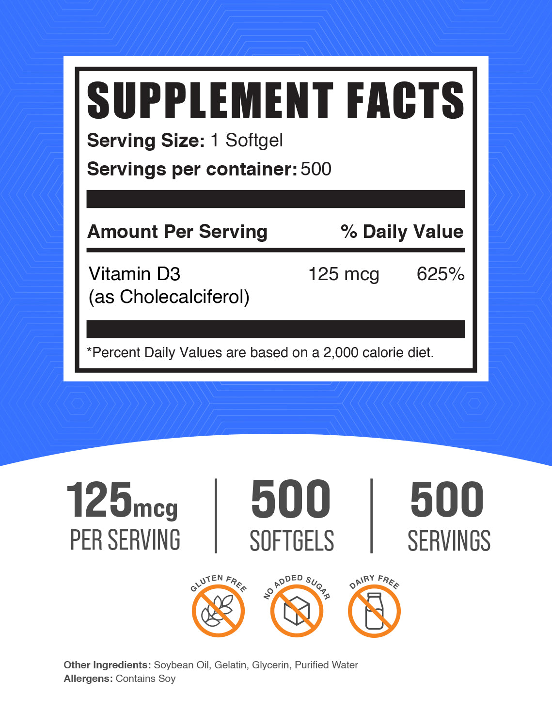 Vitamin D3 Softgels 5000IU 500 ct label