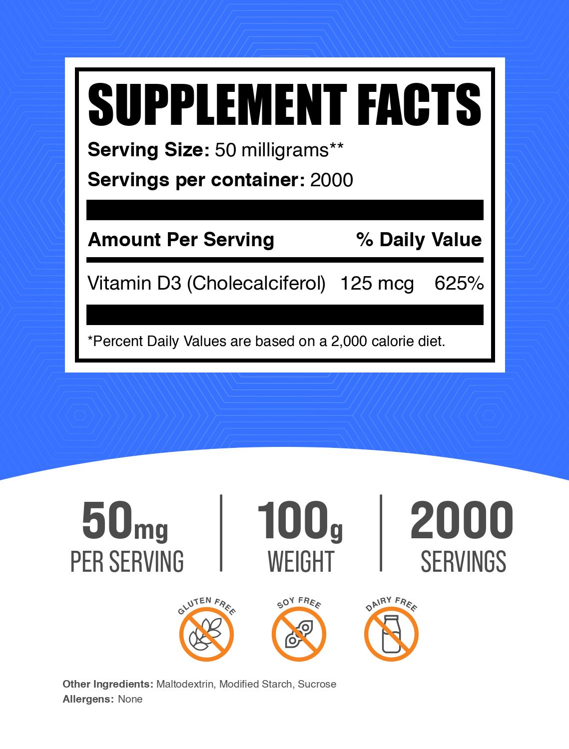 Vitamin D3 (Cholecalciferol) powder label 100g