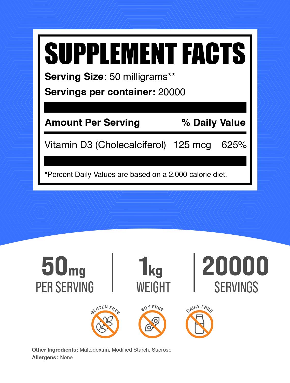 Vitamin D3 (Cholecalciferol) powder label 1kg