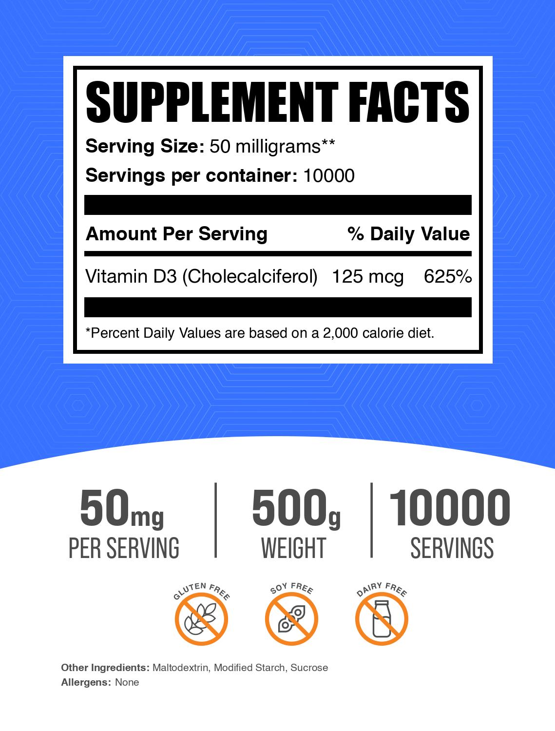 Vitamin D3 (Cholecalciferol) powder label 500g