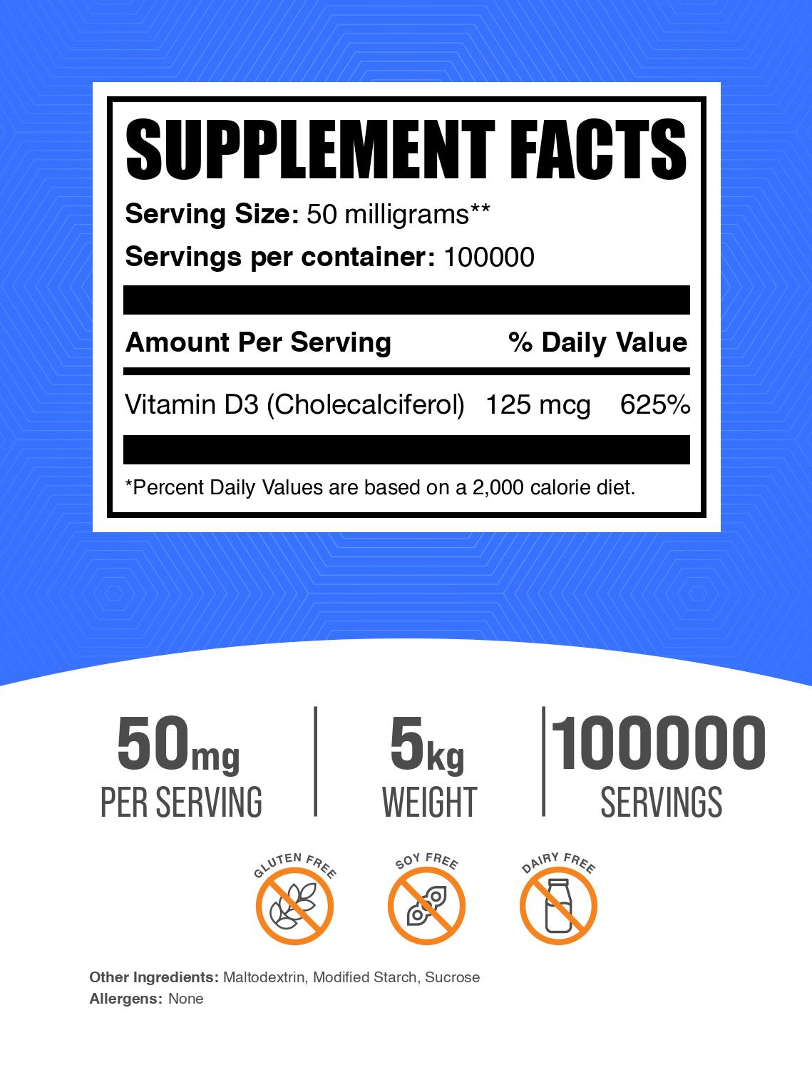 Vitamin D3 (Cholecalciferol) powder label 5kg