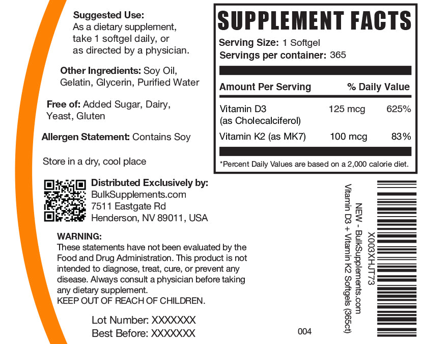 Vitamin D3 + K2 Softgels 365 ct label