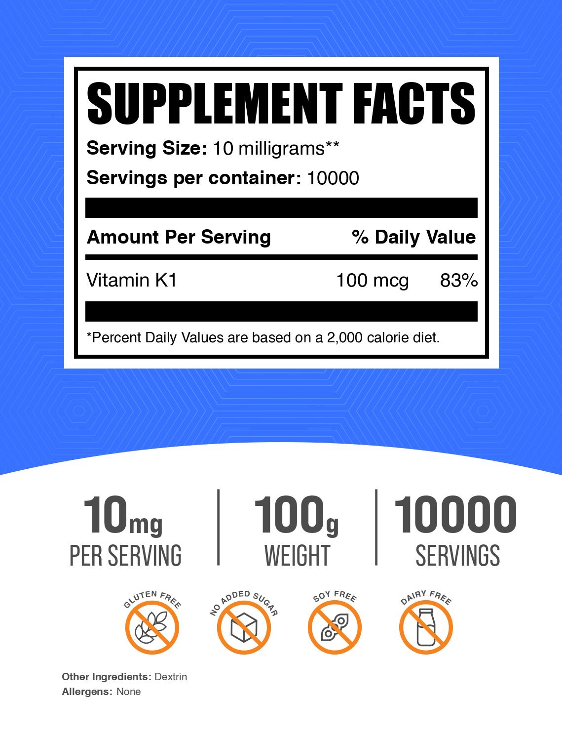 Vitamin K1 powder label 100g