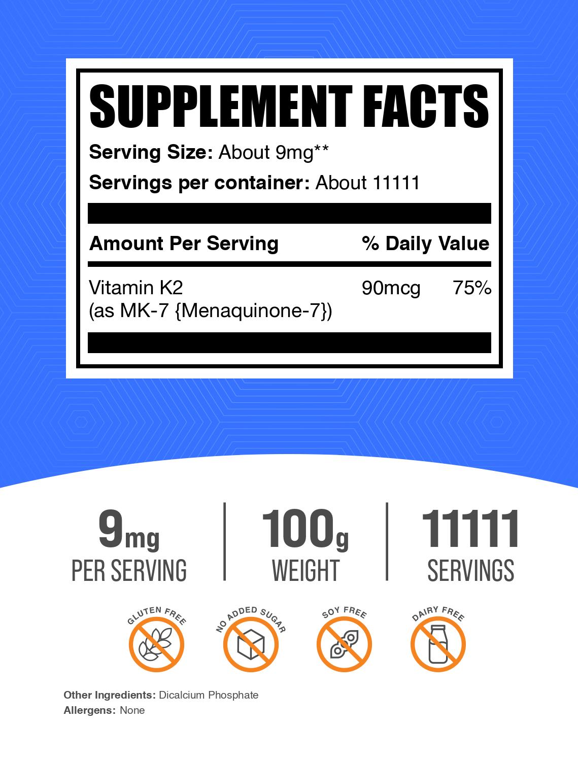 Vitamin K2 MK7 powder label 100g