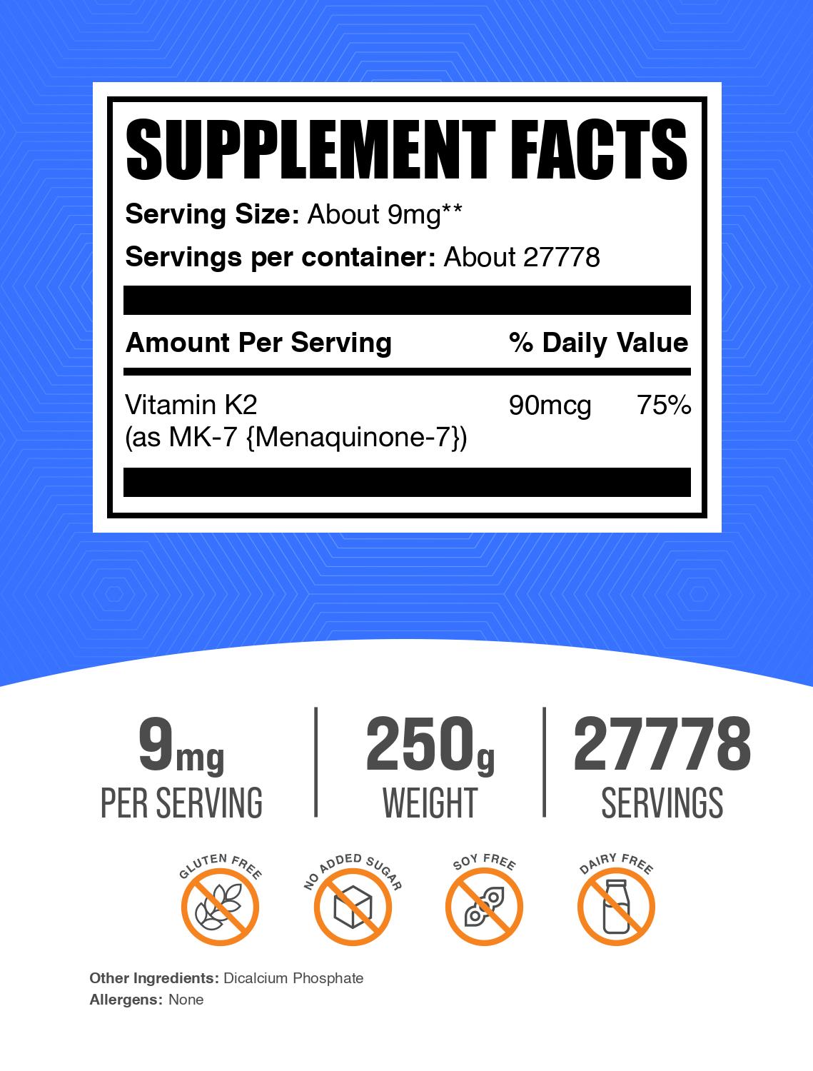 Vitamin K2 MK7 powder label 250g