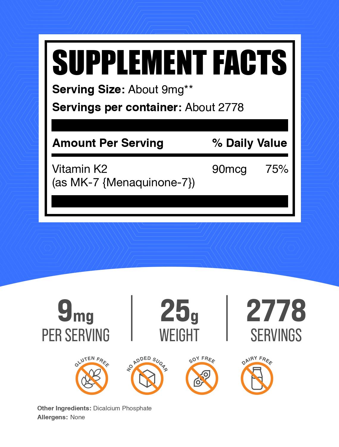 Vitamin K2 MK7 powder label 25g