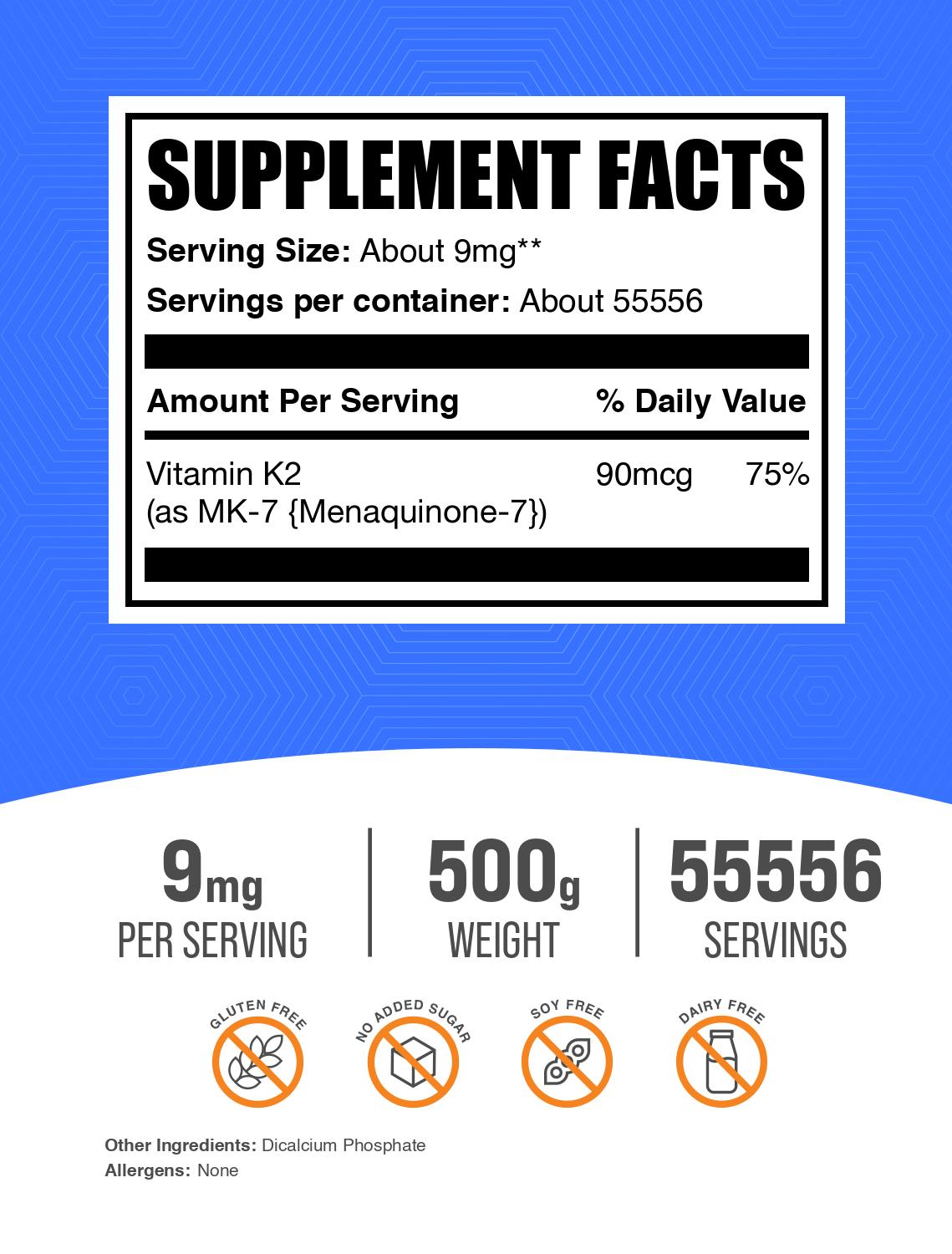 Vitamin K2 MK7 powder label 500g