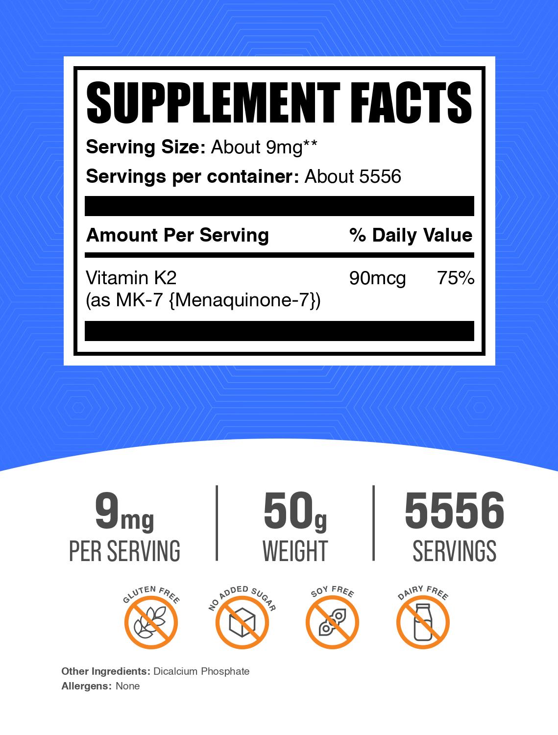 Vitamin K2 MK7 powder label 50g