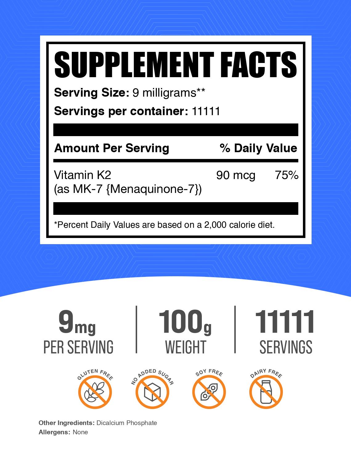 Vitamin K2 MK-7 powder label 100g