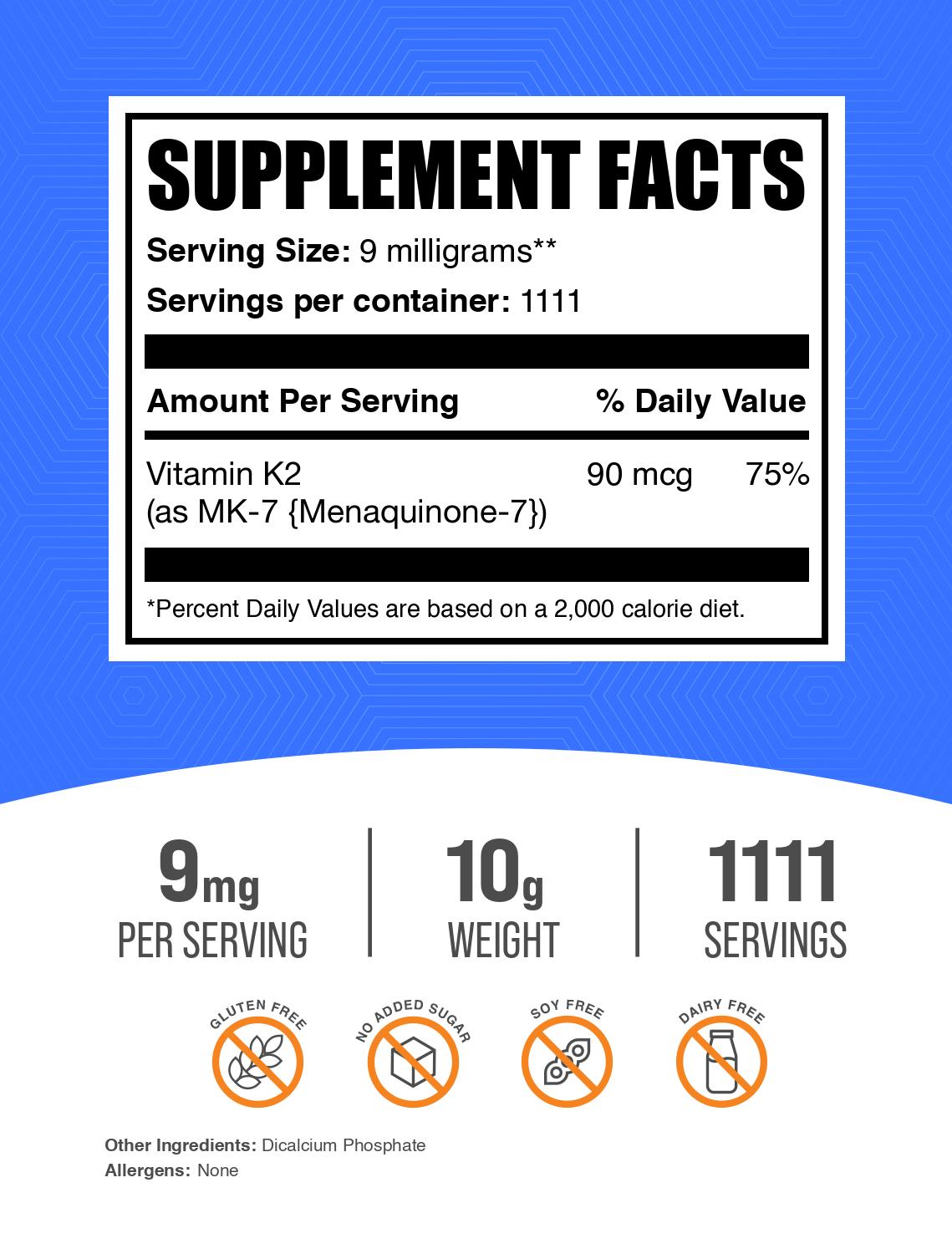 Vitamin K2 MK-7 powder label 10g