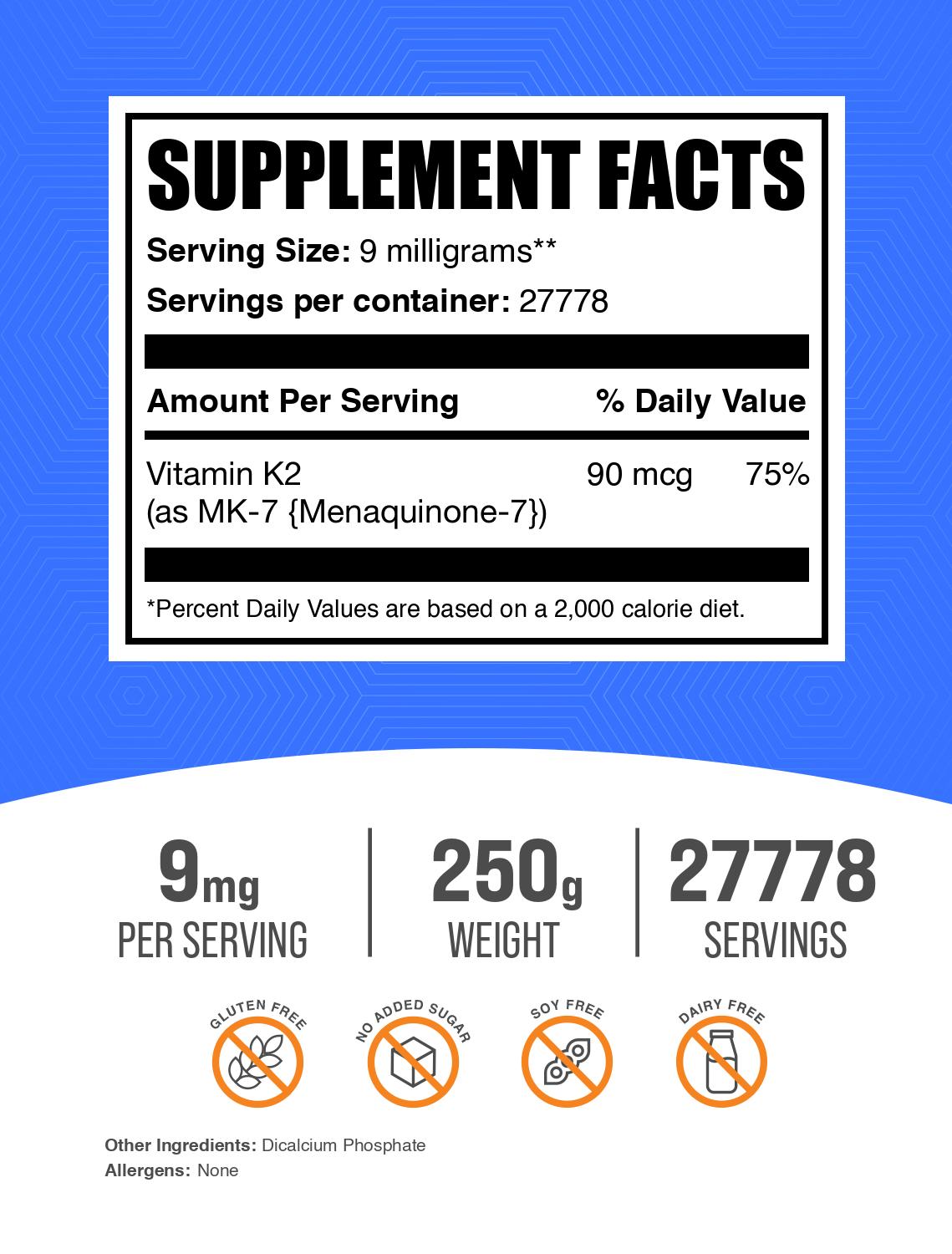 Vitamin K2 MK-7 powder label 250g