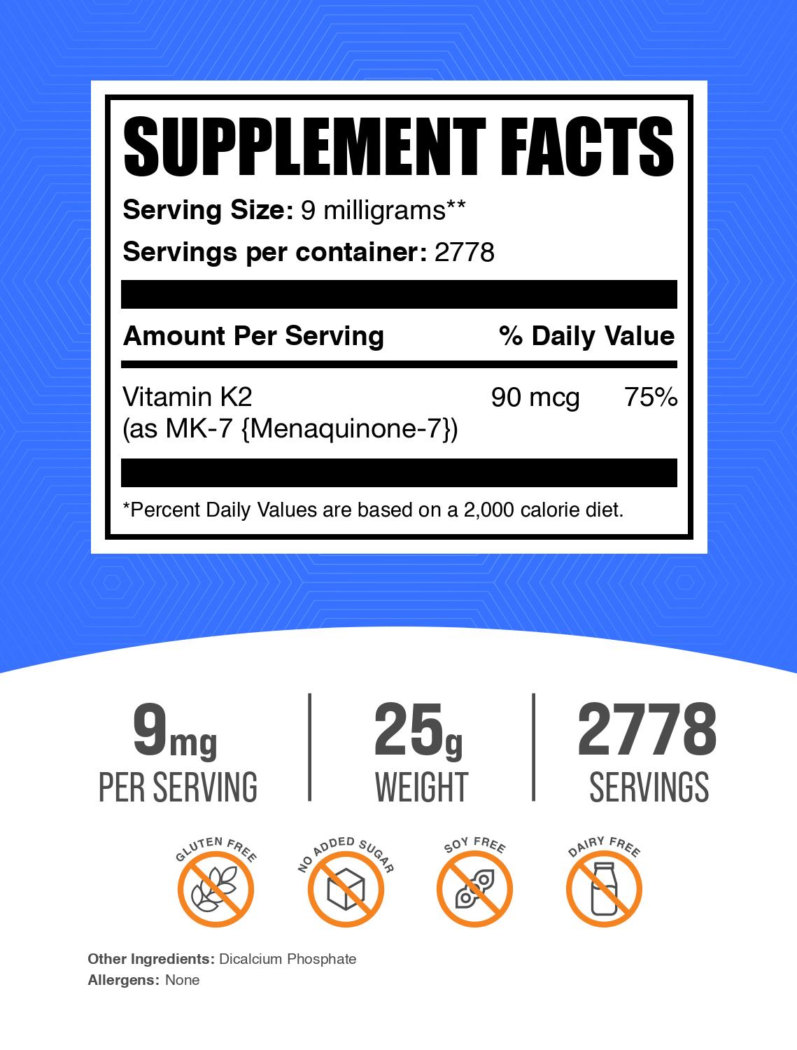 Vitamin K2 MK-7 powder label 25g