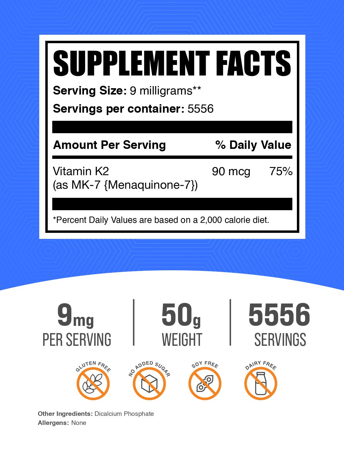 Vitamin K2 MK-7 powder label 50g