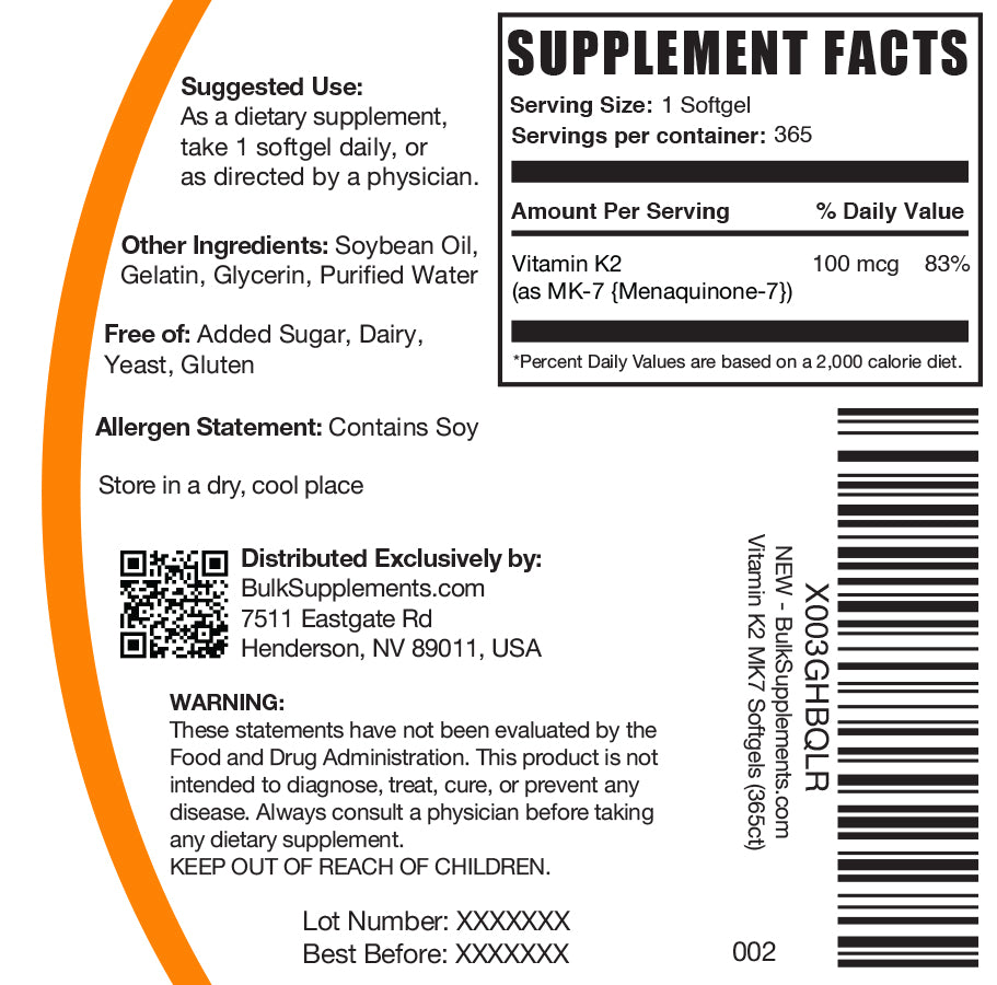 Vitamin K2 MK7 Softgels 365 ct label