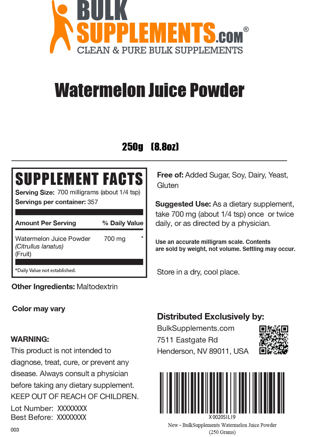 Watermelon juice powder label 250g