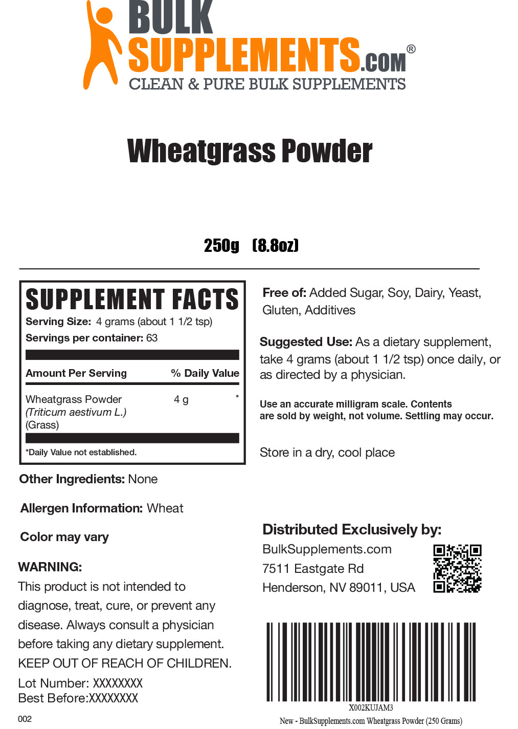 Wheatgrass Powder 250g label
