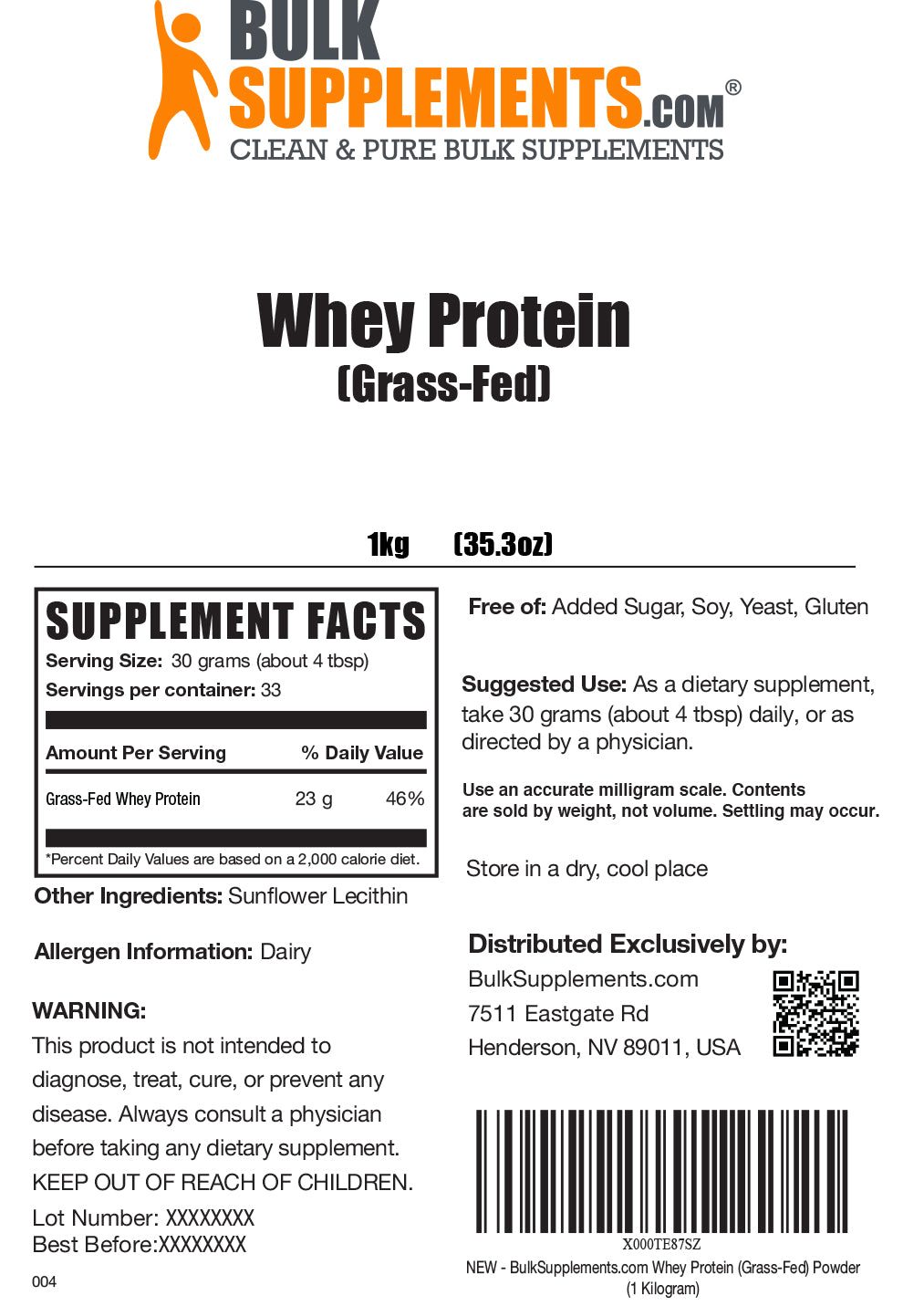 Grass-fed whey protein powder label 1kg