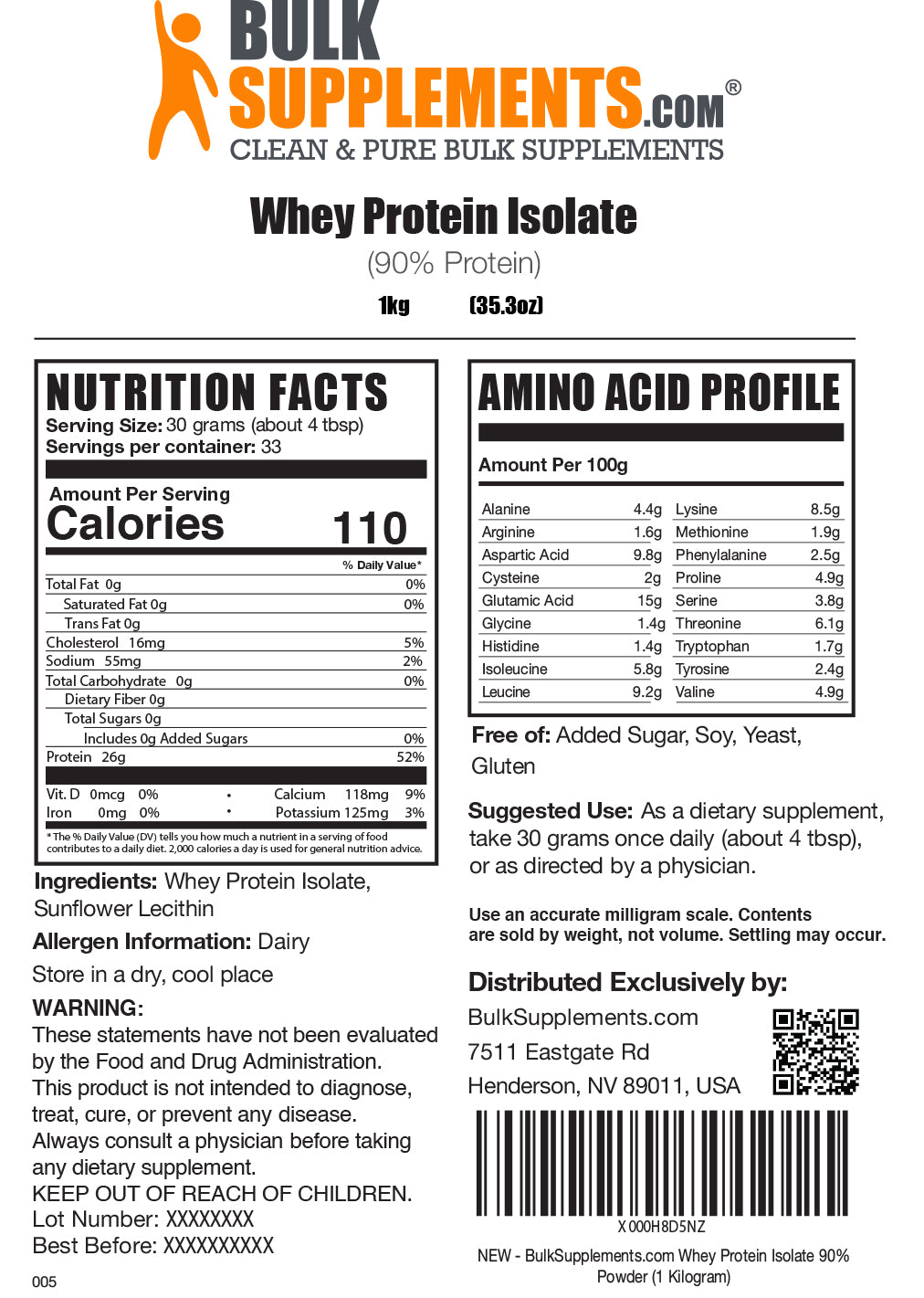 Whey Protein Isolate 90% powder label 1kg