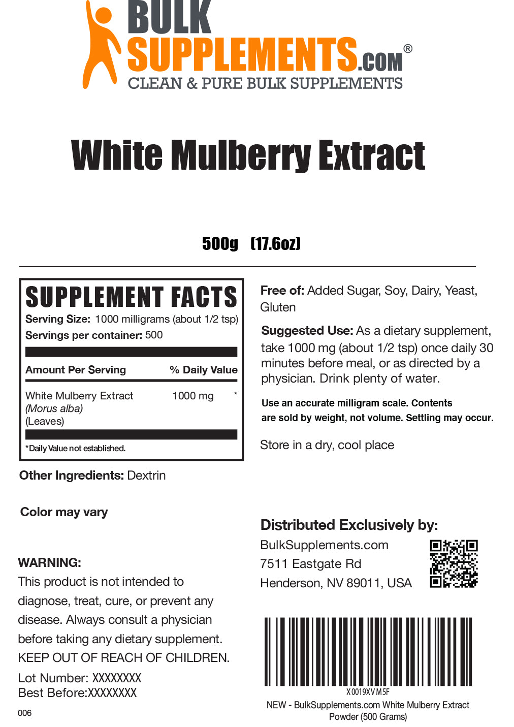 White Mulberry Extract powder label 500g