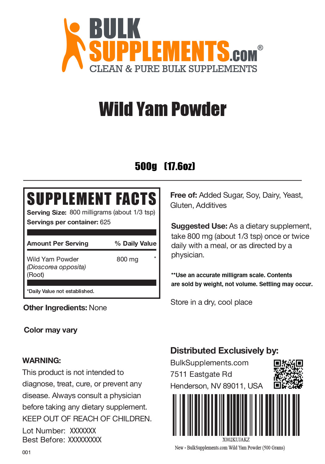 Wild Yam powder label 500g