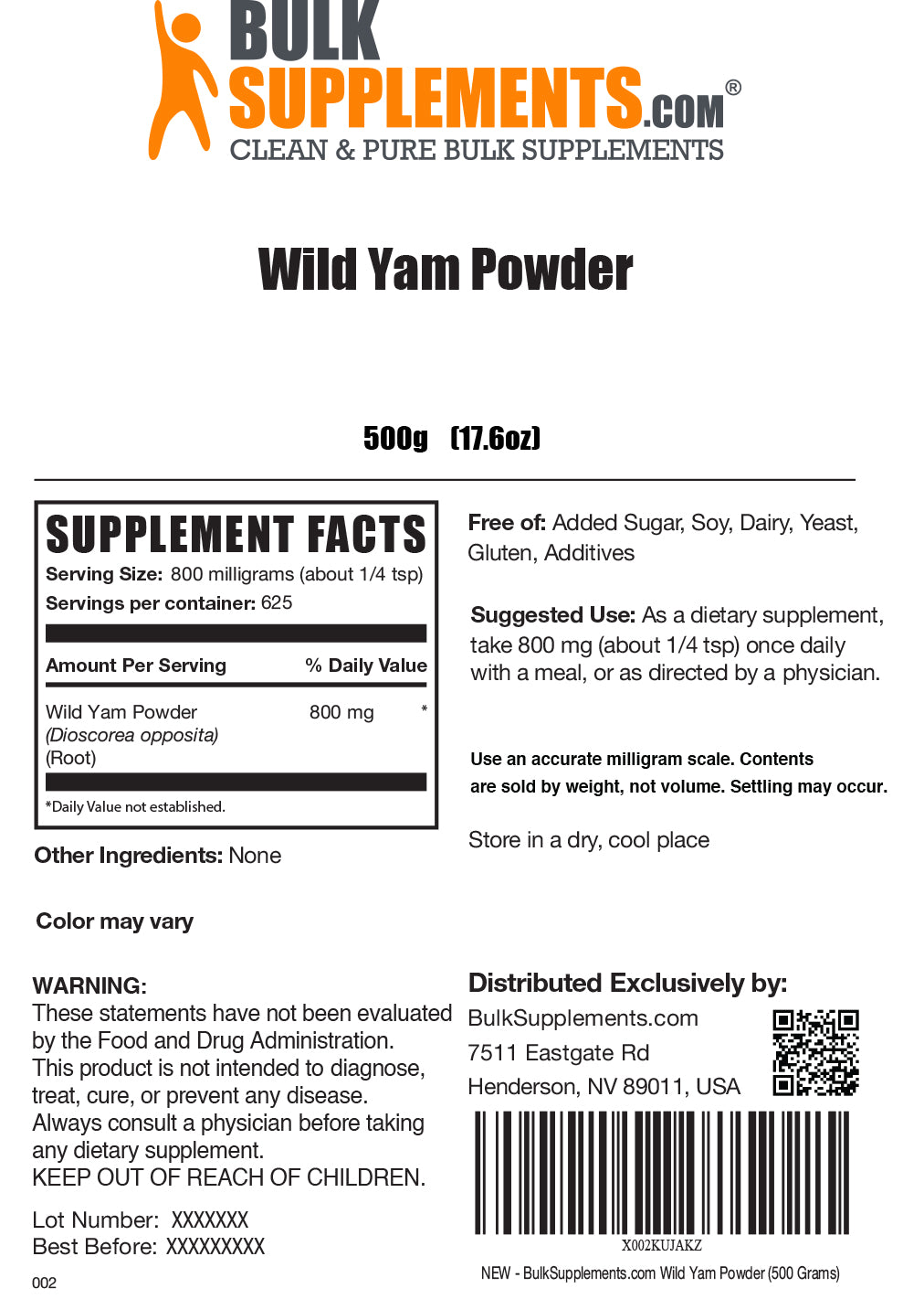 Wild Yam powder label 500g