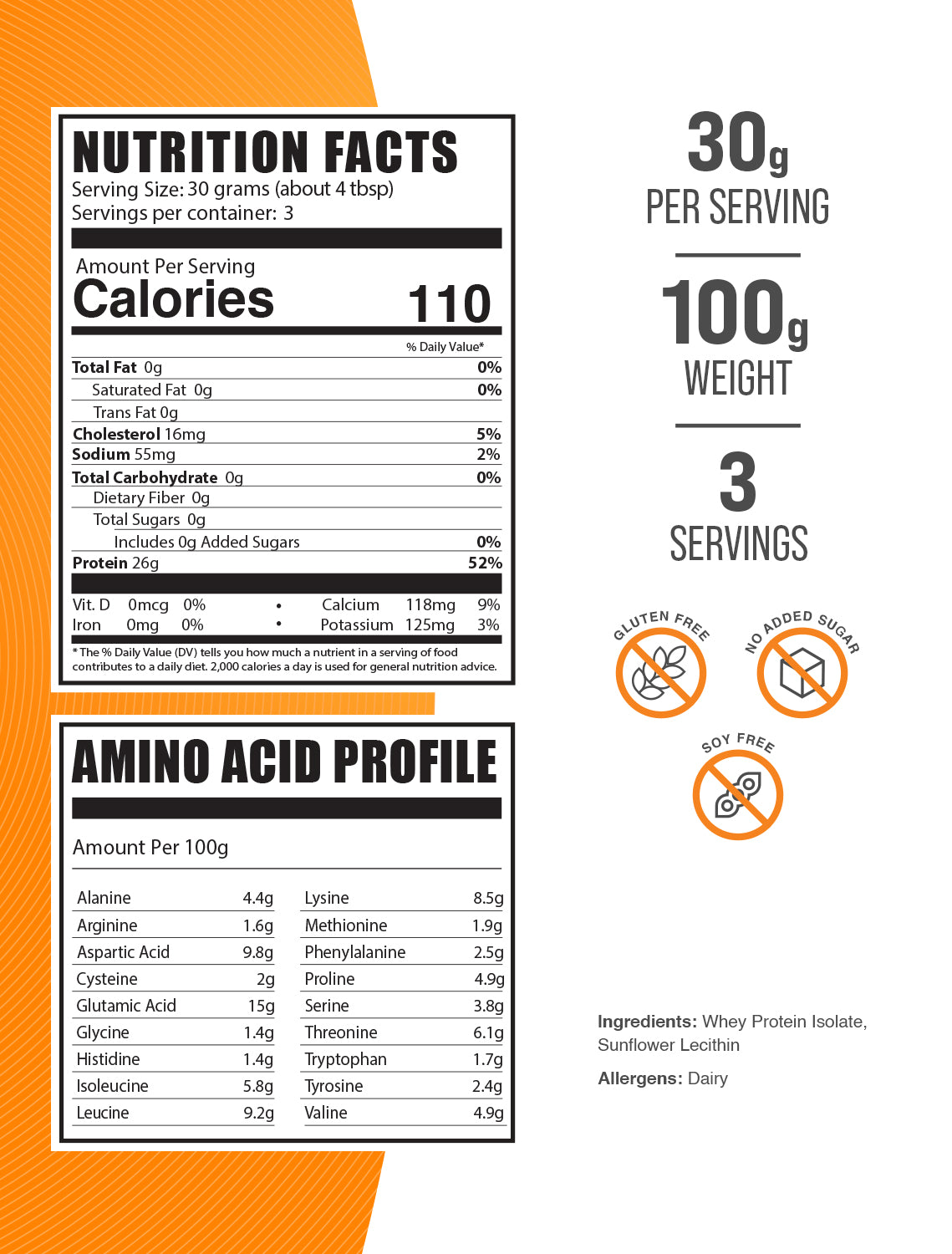 Whey Protein Isolate 90% powder label 100g