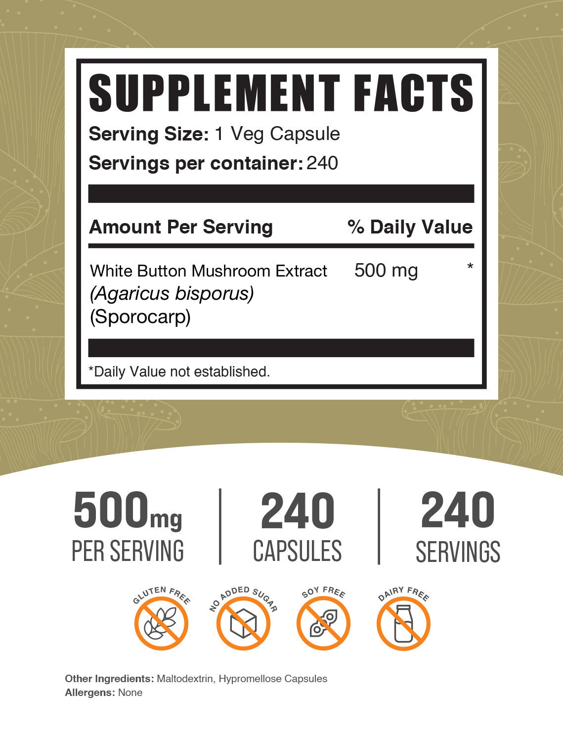 White Button Mushroom Extract Capsules 240 ct label