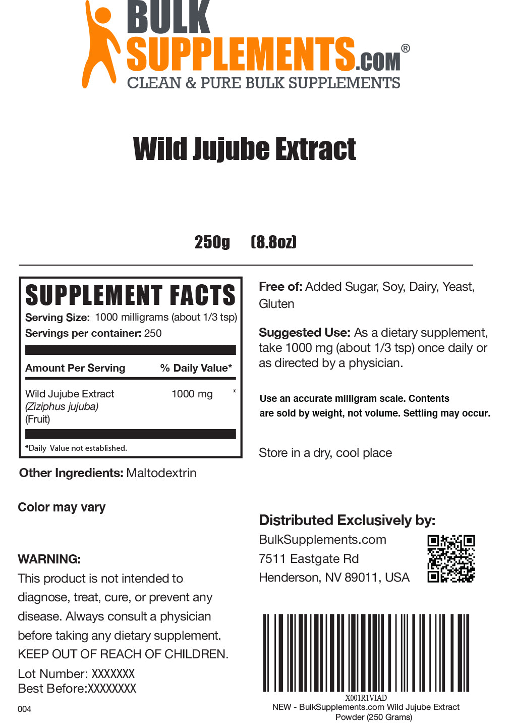 Wild jujube extract powder label 250g