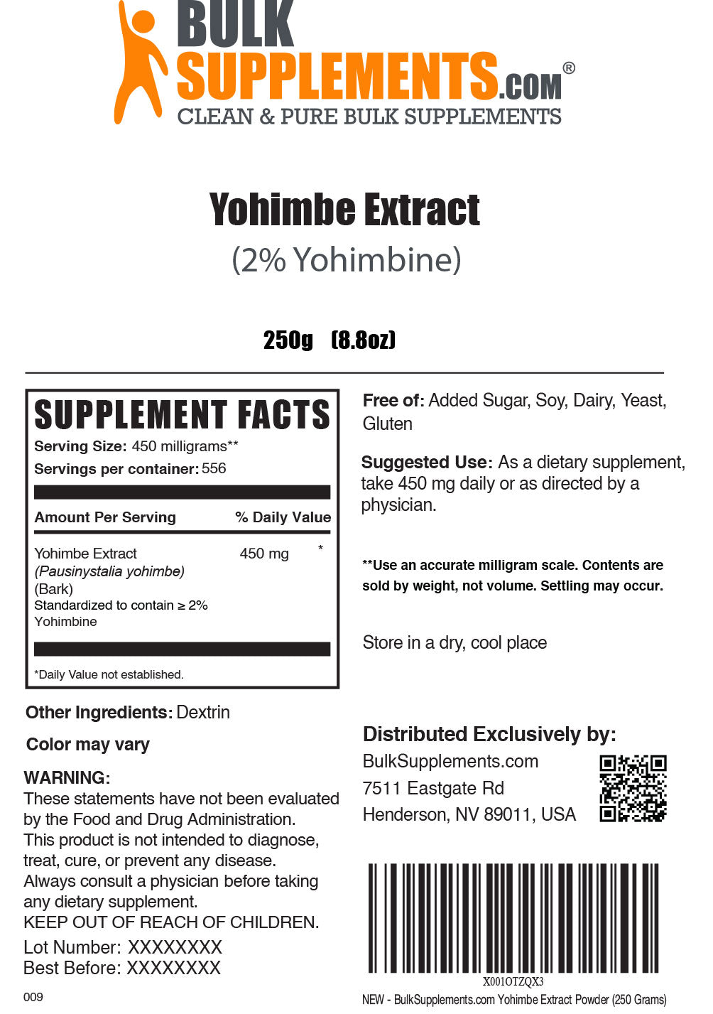 Yohimbe Extract powder label 250g