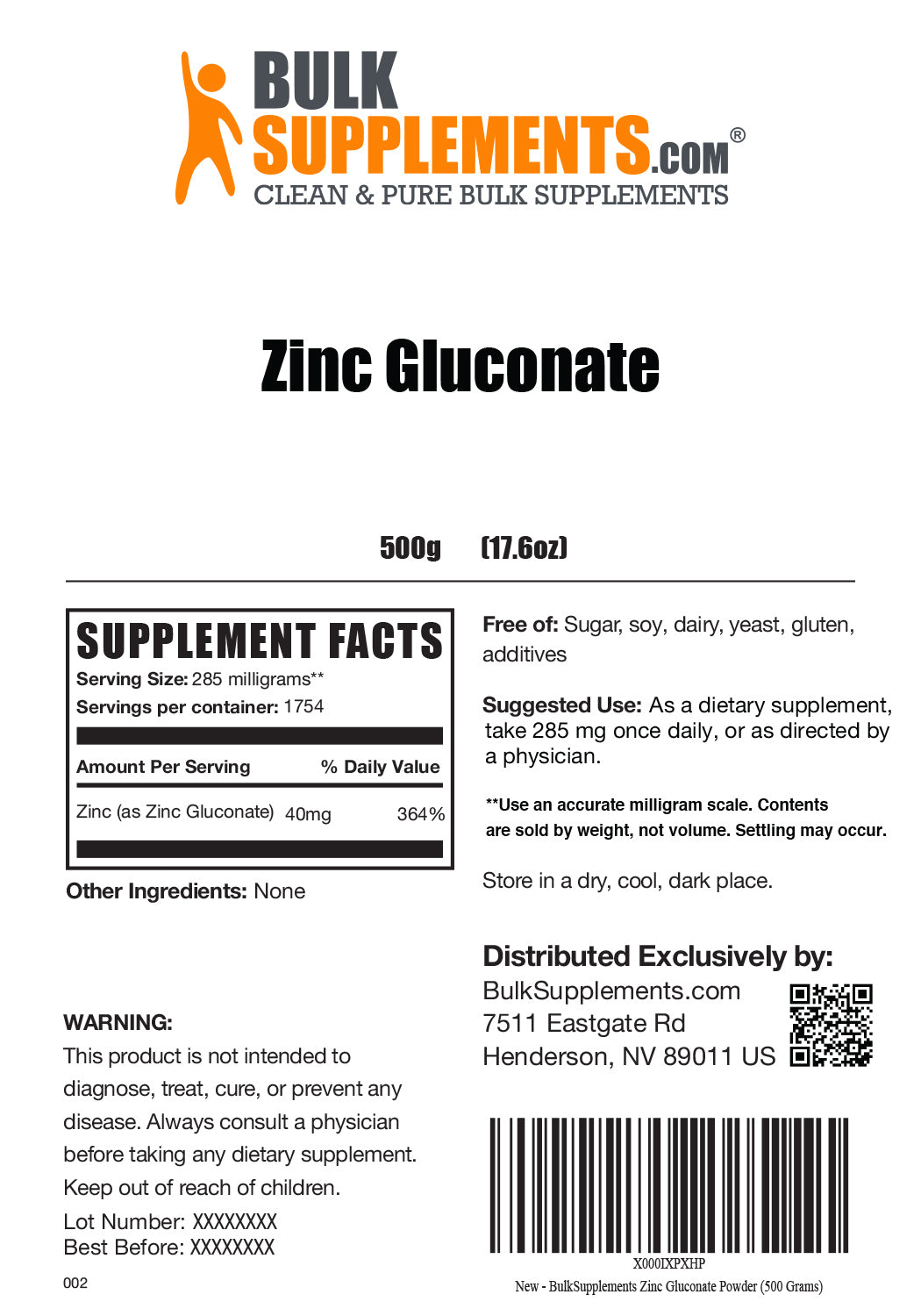Zinc Gluconate powder label 500g