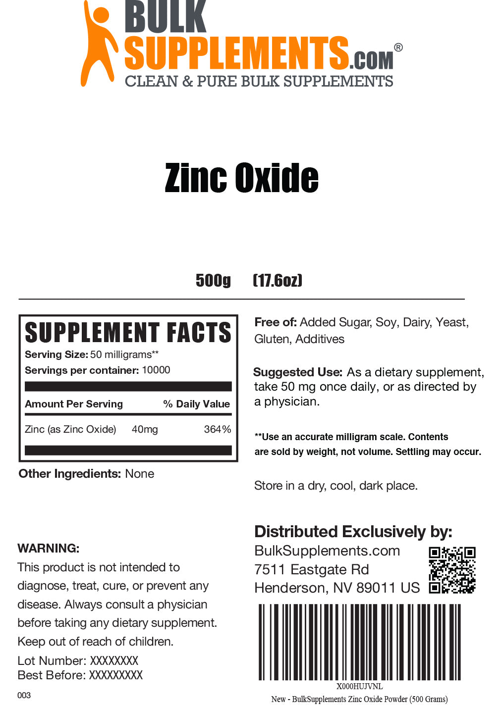 Zinc oxide powder label 500g
