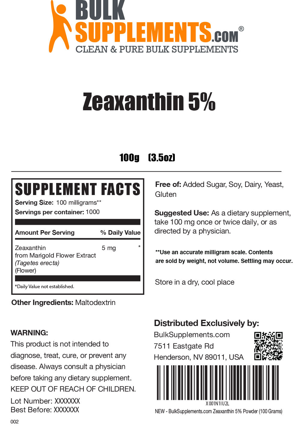 Zeaxanthin powder label 100g