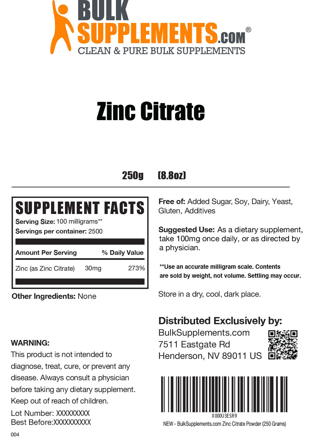Zinc Citrate powder label 250g