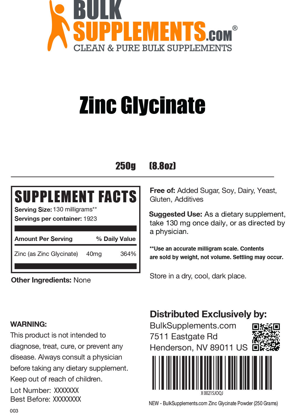 Zinc Glycinate powder label 250g