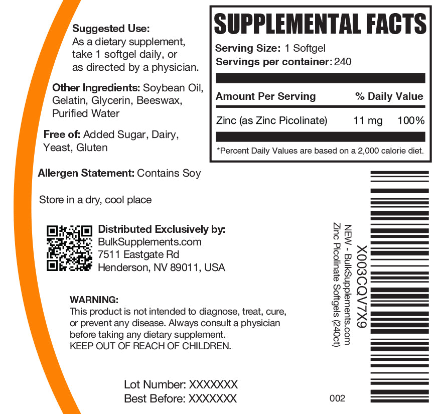 Zinc Picolinate 240 ct softgels label