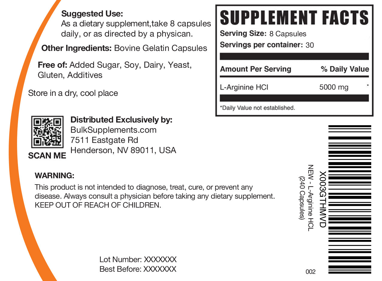 L-Arginine HCl capsules 240 ct label